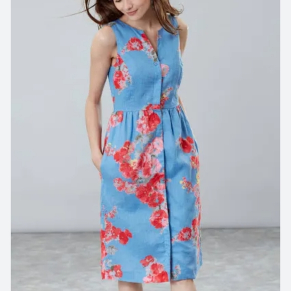 Joules Dresses Joules Lisia flax Linen Blue Floral Dress sz 12 - Picture 1 of 10